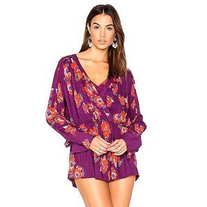 Free People Tuscan Dreams Tunic Women's Size‎ XS Floral Purple Orange V Neck Bow